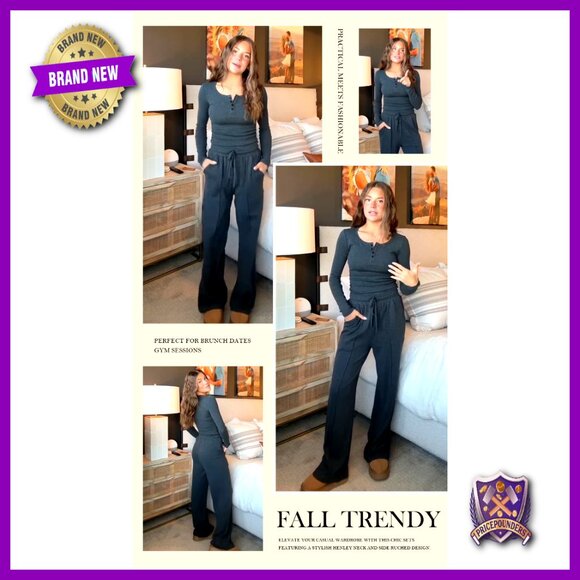 Women's 2-Piece Lounge Set Long Sleeve Henley Shirt Wide Leg Pants - Picture 6 of 7